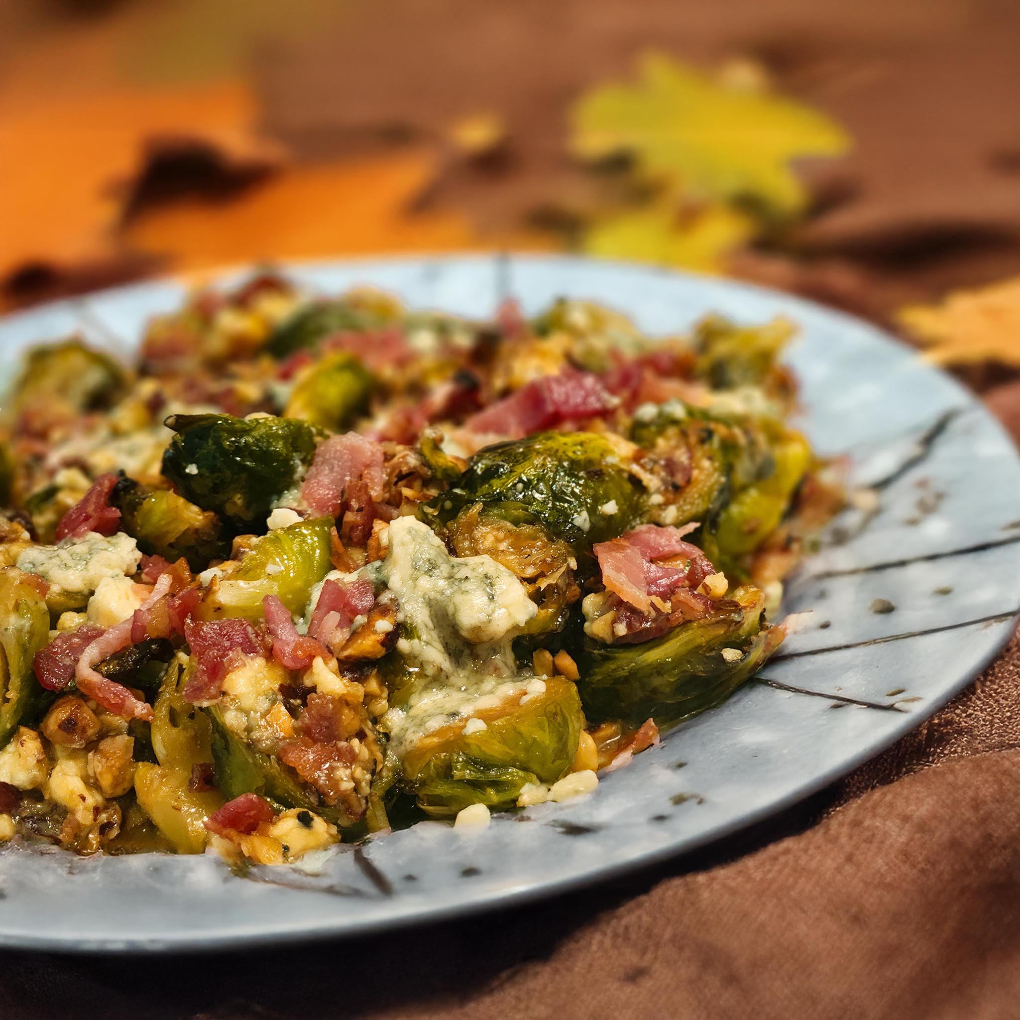 Brussels Sprouts with Candied Hazelnuts, Roquefort, and Bacon