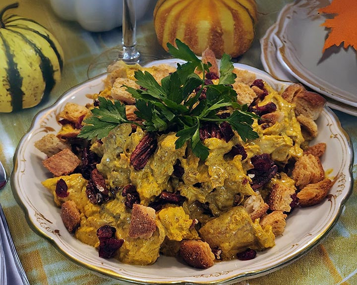 Curried Cardamom Turkey Salad with Toasted Herbed Croutons