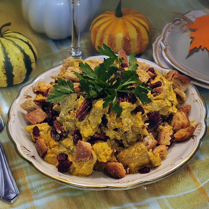 Curried Cardamom Turkey Salad with Toasted Herbed Croutons