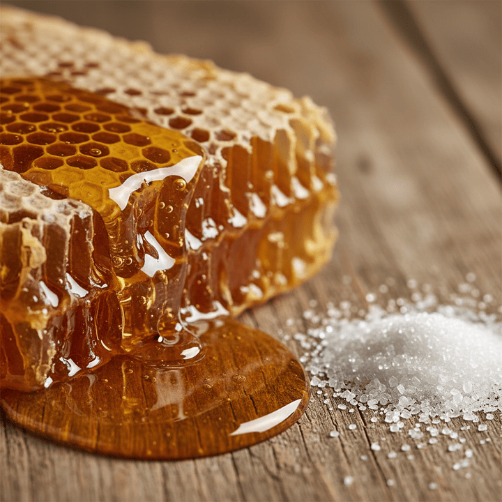Raw honey dripping from comb next to white sugar
