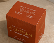 Top view of Goldswarm honey packets box lid with fold, snap, squeeze icons for one-hand opening